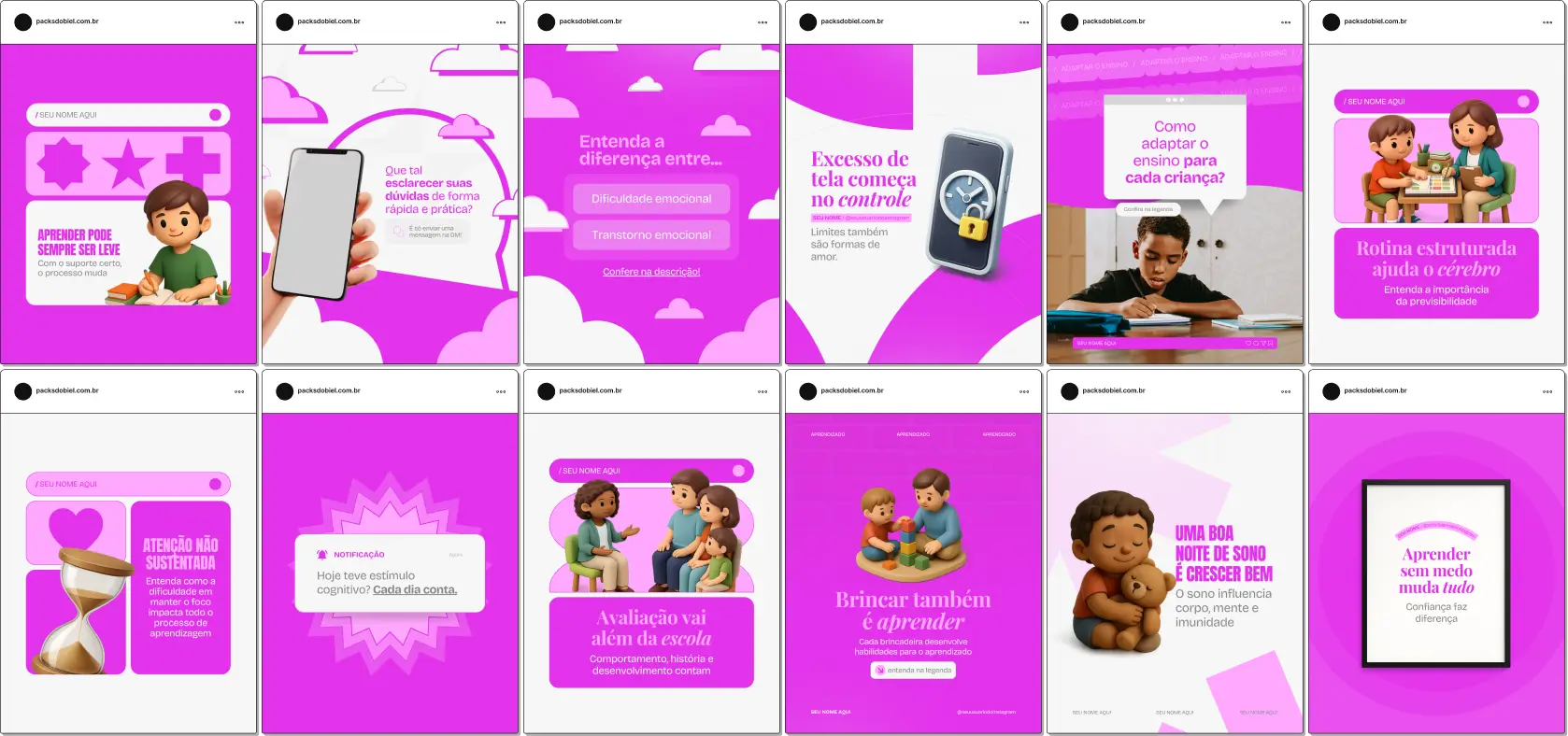 Pack de artes editáveis no Canva para neuropsicopedagogia, voltado para especialistas que explicam transtornos de aprendizagem, atenção, memória, leitura e escrita, com comunicação visual clara e educativa para famílias e escolas.