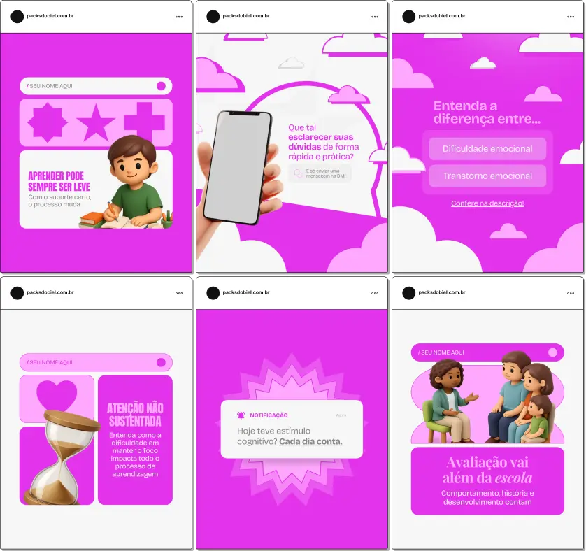 Pack de posts editáveis no Canva para profissionais de neuropsicopedagogia que desejam orientar pais e educadores sobre avaliação, acompanhamento pedagógico e estimulação cognitiva, mantendo um perfil confiável e visualmente coerente.