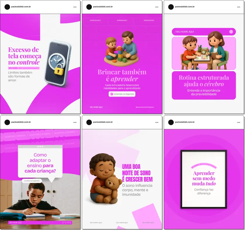 Pack de posts editáveis no Canva para neuropsicopedagogos, ideal para profissionais que produzem conteúdo sobre dificuldades de aprendizagem, desenvolvimento cognitivo, funções executivas e estratégias de intervenção educacional, com feed organizado e profissional.