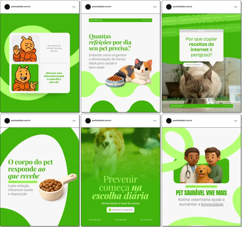 Pack de templates editáveis no Canva para nutricionistas veterinários que querem educar tutores sobre escolhas alimentares, planejamento de refeições, alimentos funcionais e hábitos saudáveis para pets, com comunicação clara e identidade visual coerente.