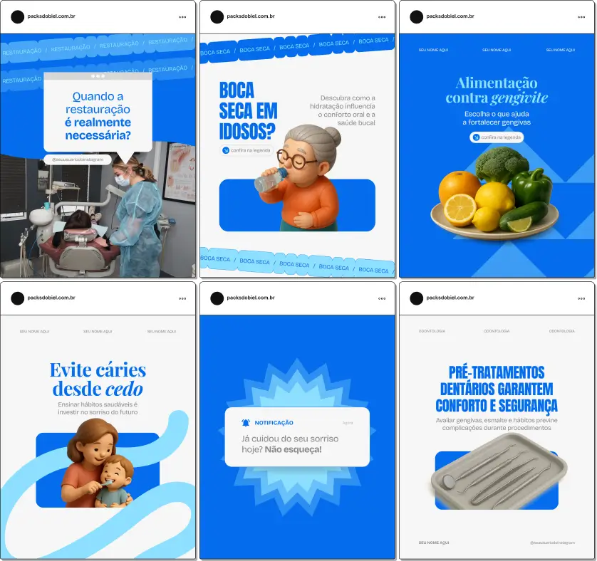 Pack de artes editáveis no Canva para profissionais de odontologia que produzem conteúdo sobre limpeza, clareamento dental, gengiva, estética do sorriso e bem-estar bucal.