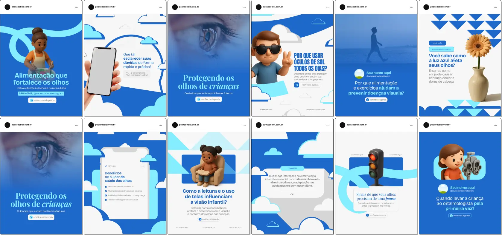 Pack de posts editáveis no Canva para oftalmologistas que desejam educar pacientes sobre saúde ocular, exames de visão, prevenção e cuidados diários, mantendo um feed organizado e profissional.