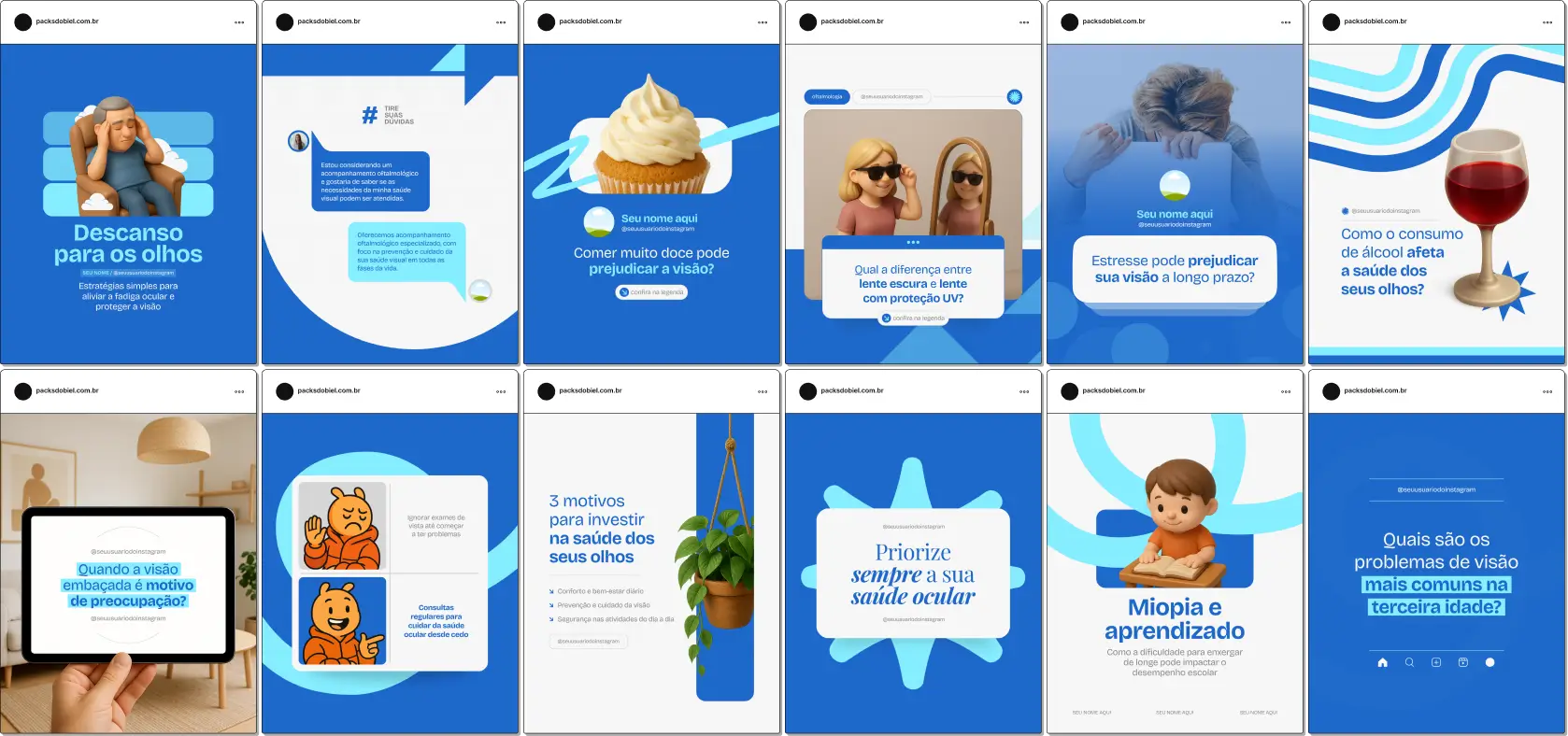Pack de posts editáveis no Canva para especialistas em saúde ocular que desejam abordar exames de rotina, hábitos saudáveis, doenças comuns e tratamentos oftalmológicos, mantendo um perfil educativo e visualmente coerente.