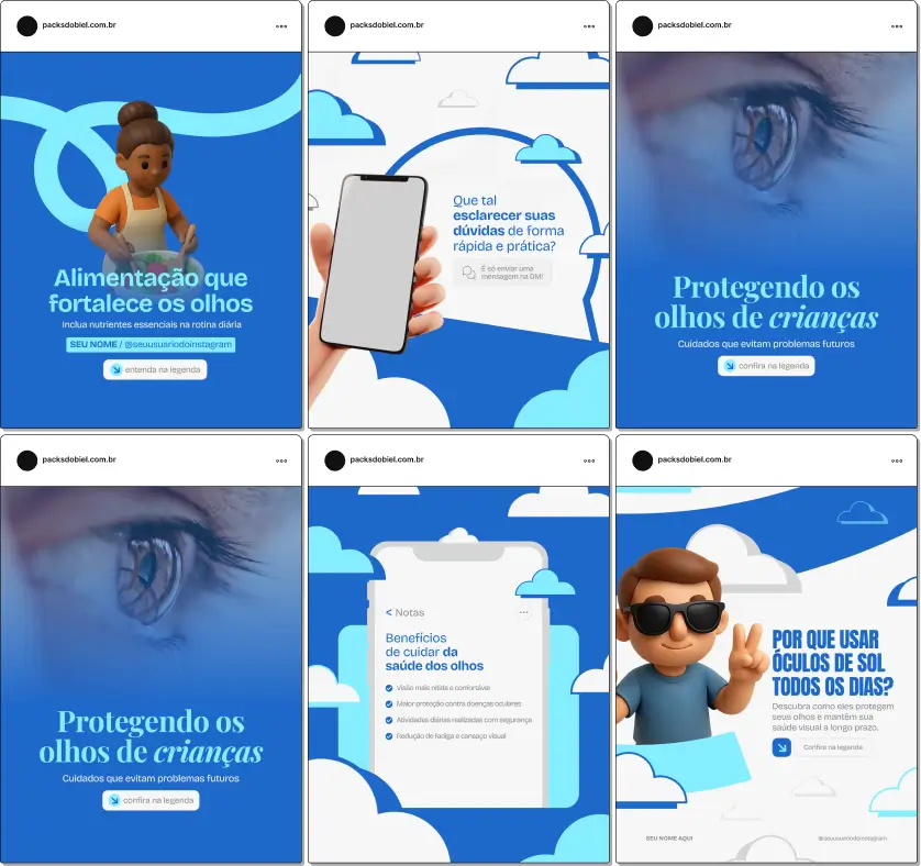 Pack de templates editáveis no Canva para oftalmologistas que produzem conteúdo sobre higiene ocular, lentes de contato, cirurgias refrativas e diagnóstico visual, trazendo uma comunicação clara e visualmente coerente.