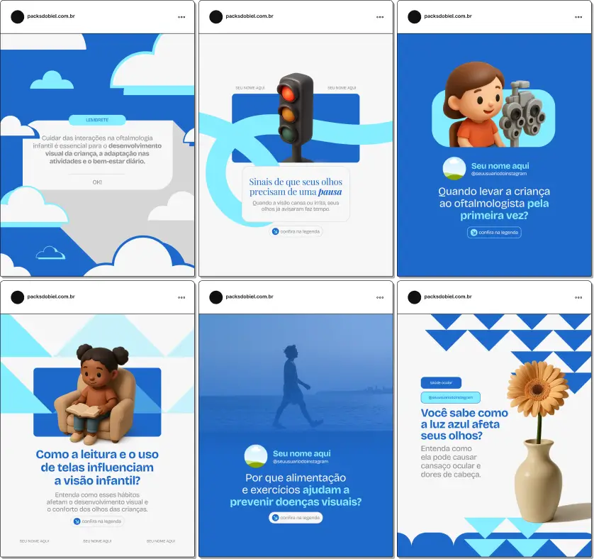 Pack de artes editáveis no Canva para profissionais de oftalmologia que compartilham conteúdos sobre miopia, astigmatismo, catarata, glaucoma e rotina de cuidados com os olhos, reforçando credibilidade no Instagram.