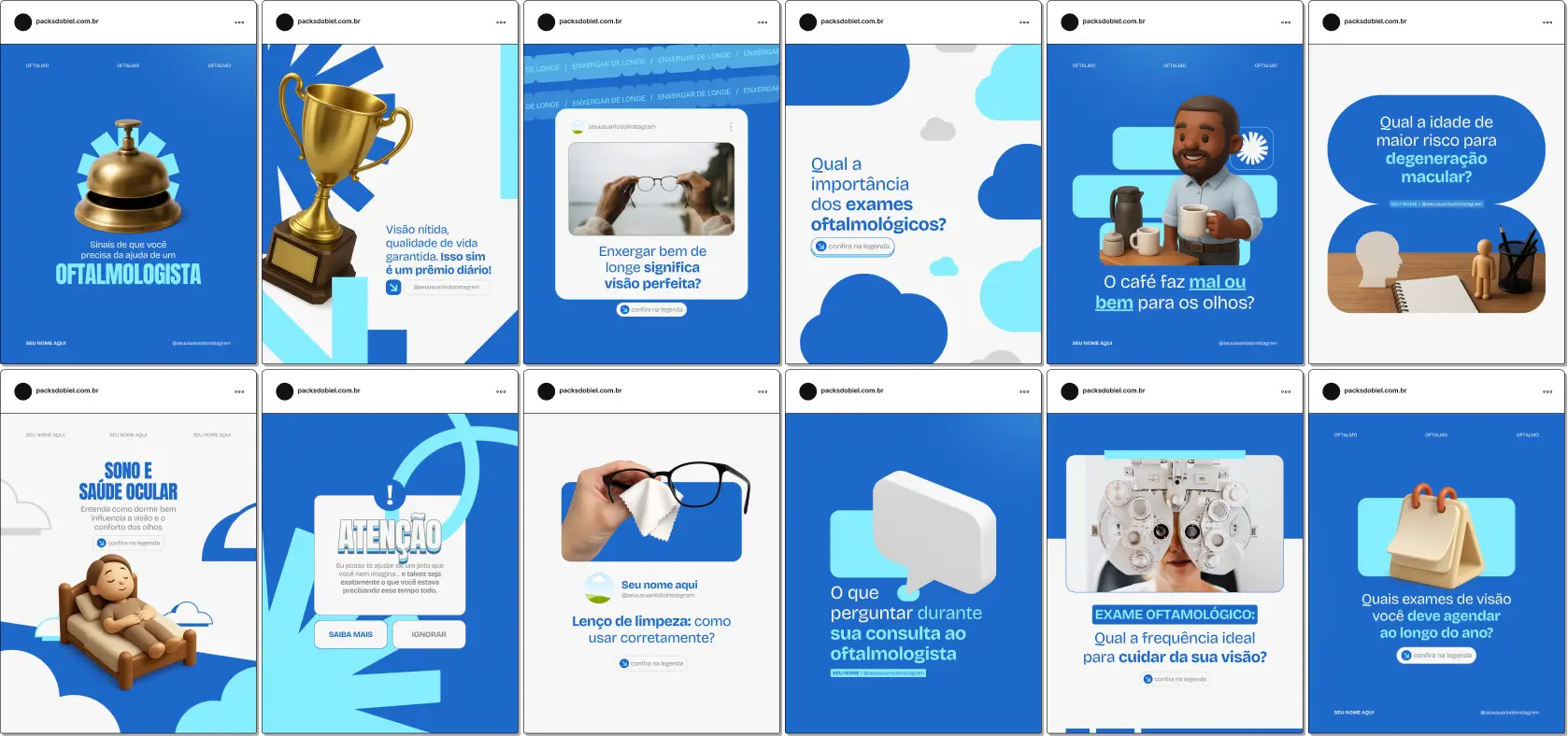 Pack de artes editáveis no Canva para profissionais de oftalmologia, ideal para quem quer explicar miopia, astigmatismo, catarata e glaucoma, educando pacientes com conteúdo claro e confiável.