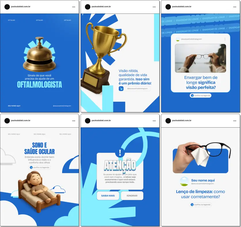 Pack de templates editáveis no Canva para oftalmologistas que produzem conteúdo sobre higiene ocular, lentes de contato, cirurgias refrativas e prevenção visual, reforçando autoridade e engajamento no Instagram.