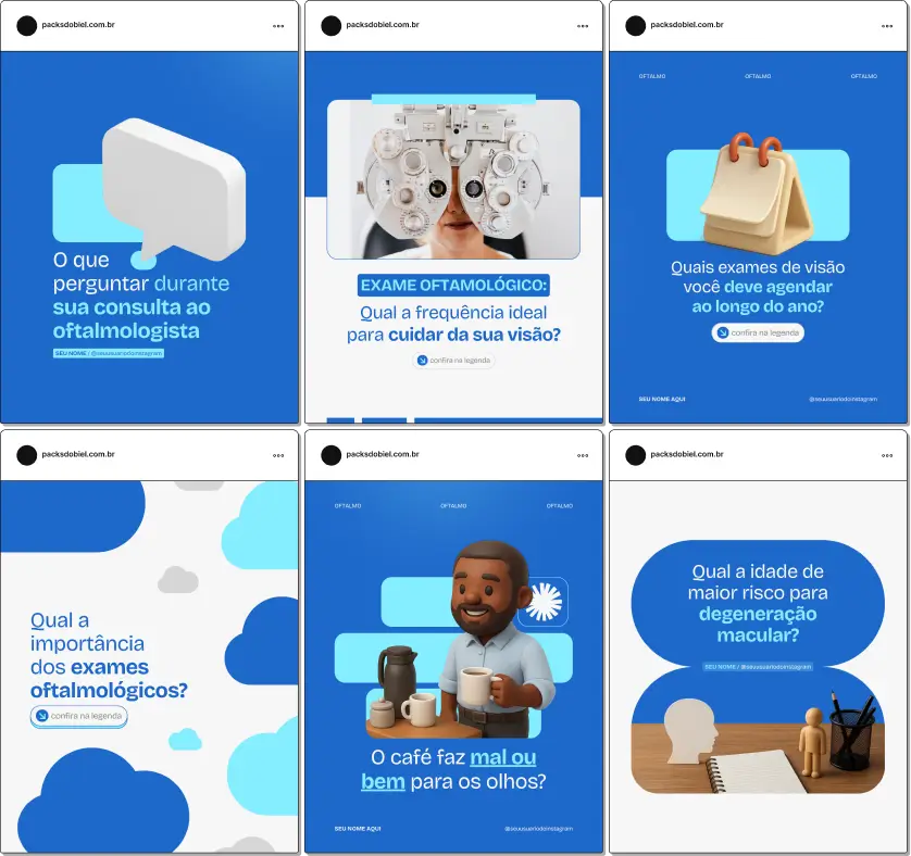 Pack de posts editáveis no Canva para oftalmologistas que desejam compartilhar informações sobre saúde ocular, exames de visão, prevenção de doenças e cuidados com os olhos, mantendo um feed organizado e profissional.