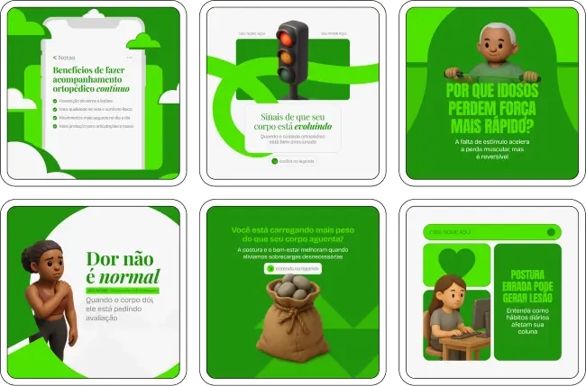 Pack de posts editáveis no Canva para ortopedista, ideal para profissionais que produzem conteúdo sobre dores articulares, coluna, joelho, ombro, lesões musculoesqueléticas e tratamentos ortopédicos, com feed organizado e visual profissional.