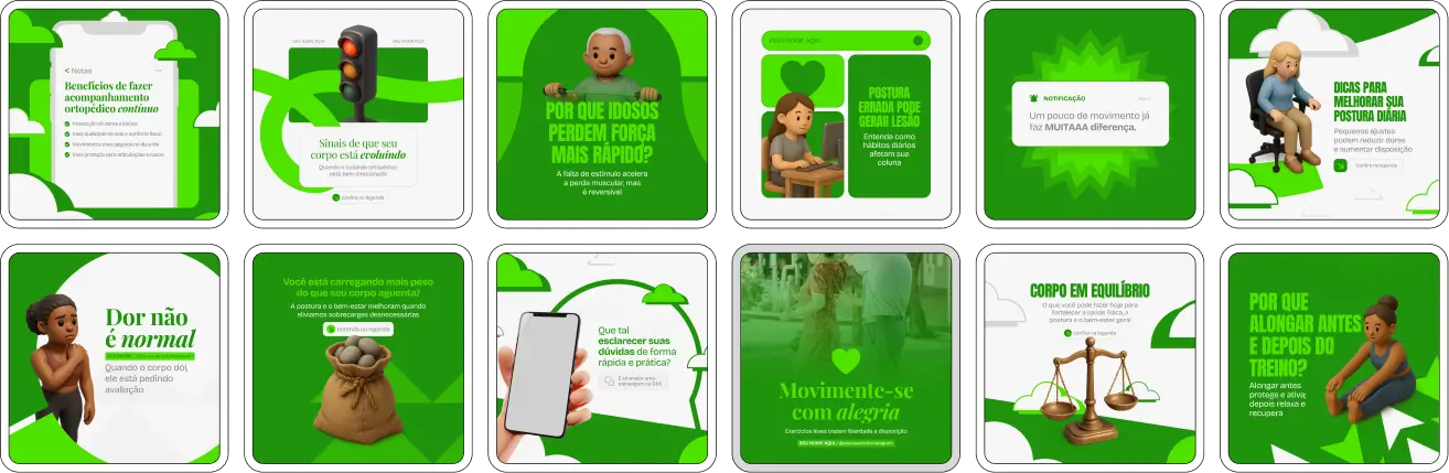 Pack de posts editáveis no Canva para ortopedistas e especialistas em traumatologia, desenvolvido para quem aborda fraturas, tendinites, artrose, postura e saúde óssea, com identidade visual coerente e educativa para pacientes.