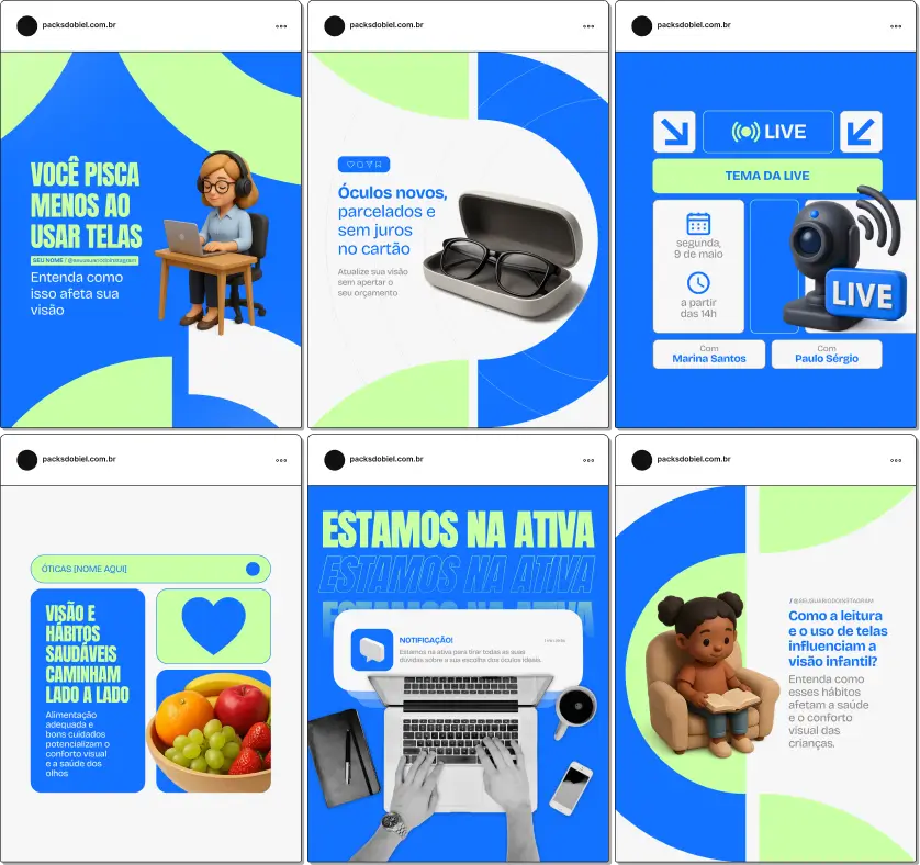 Pack de posts editáveis no Canva para óticas que desejam divulgar óculos de grau, óculos de sol, lentes oftálmicas, armações e promoções, mantendo um feed organizado, atrativo e profissional.