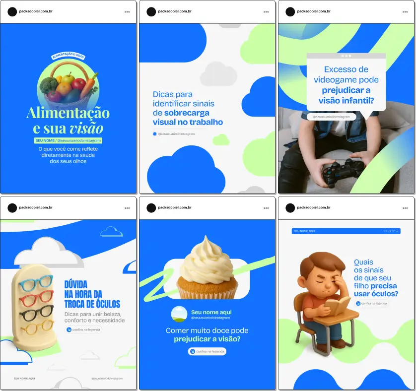 Pack de posts editáveis no Canva para óticas que desejam fortalecer a marca, atrair novos clientes e divulgar serviços ópticos com um feed visualmente coerente e confiável.