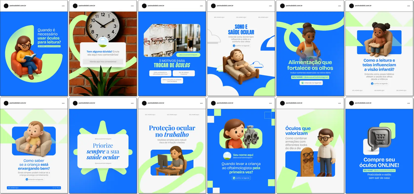 Pack de artes editáveis no Canva para óticas que atendem crianças, adultos e idosos, com foco em exames de rotina, conforto visual, qualidade das lentes e bem-estar.