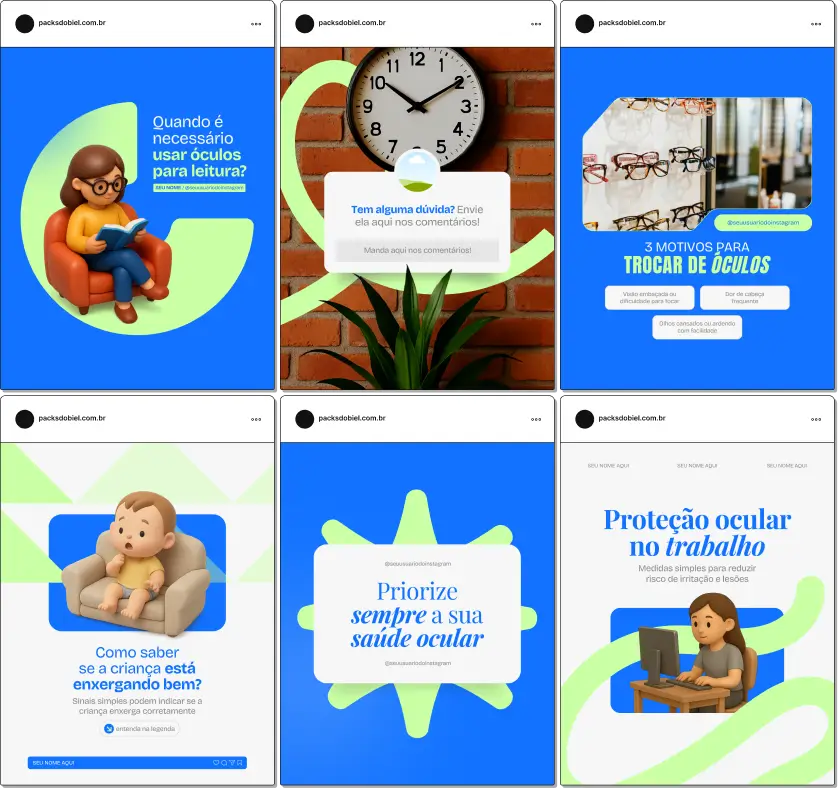 Pack de templates editáveis no Canva para óticas que produzem conteúdos educativos sobre lentes multifocais, óculos para computador, proteção contra luz azul e cuidados com a visão no dia a dia.