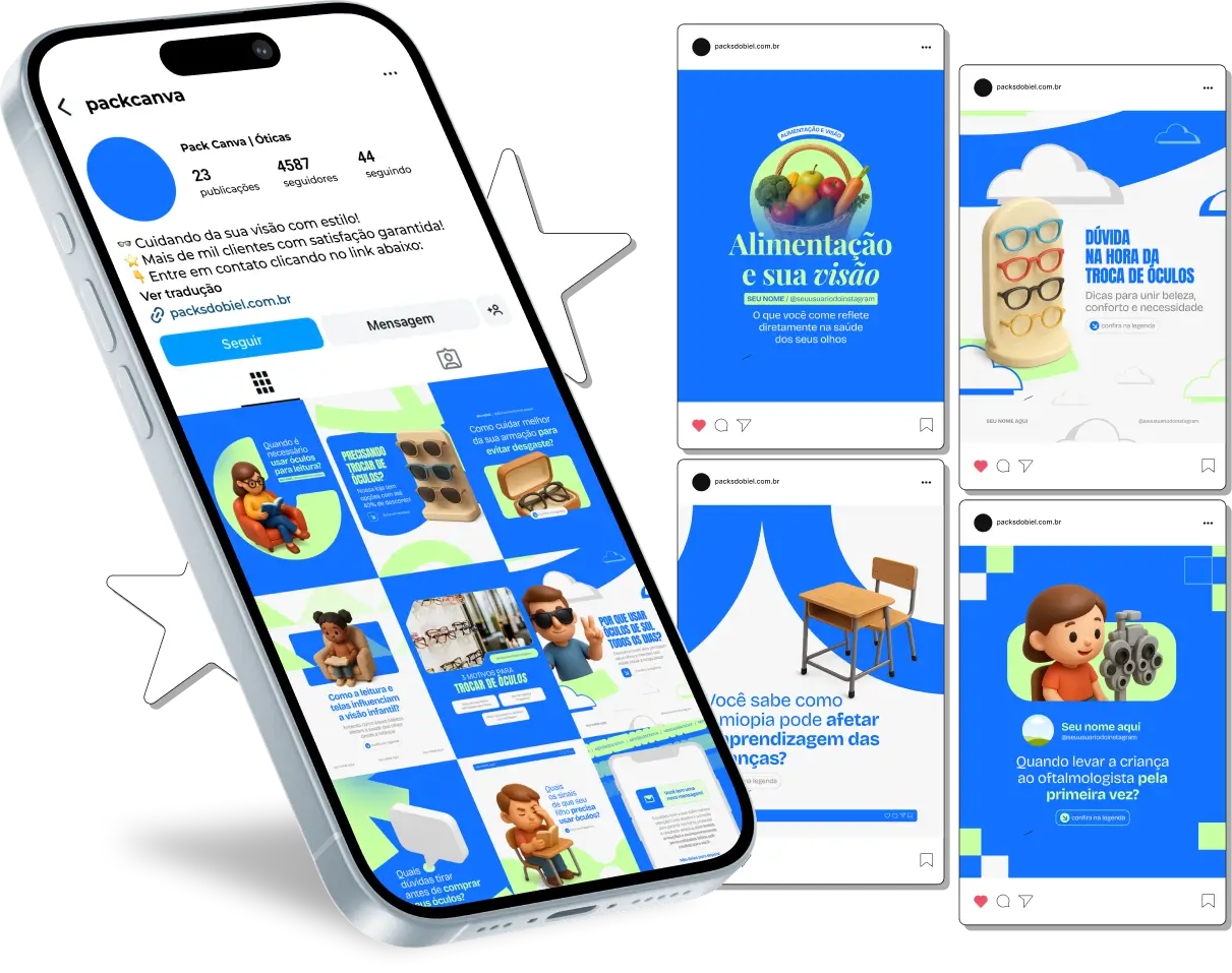 Pack de templates editáveis no Canva para profissionais de ótica que produzem conteúdo sobre miopia, astigmatismo, presbiopia, uso correto de óculos e prevenção de problemas visuais.