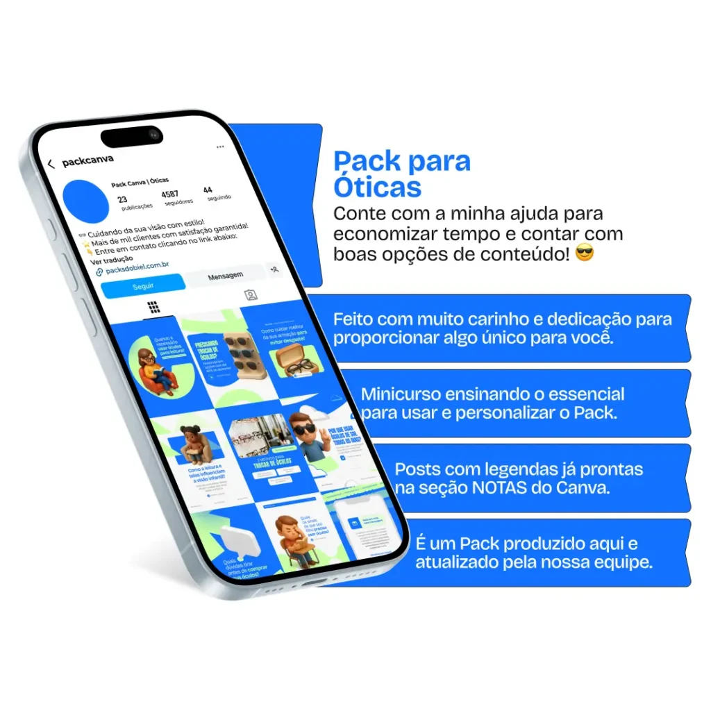 Pack de artes editáveis no Canva para óticas que trabalham com lentes de contato, armações modernas, proteção UV e cuidados com a visão, ideal para atrair clientes no Instagram.