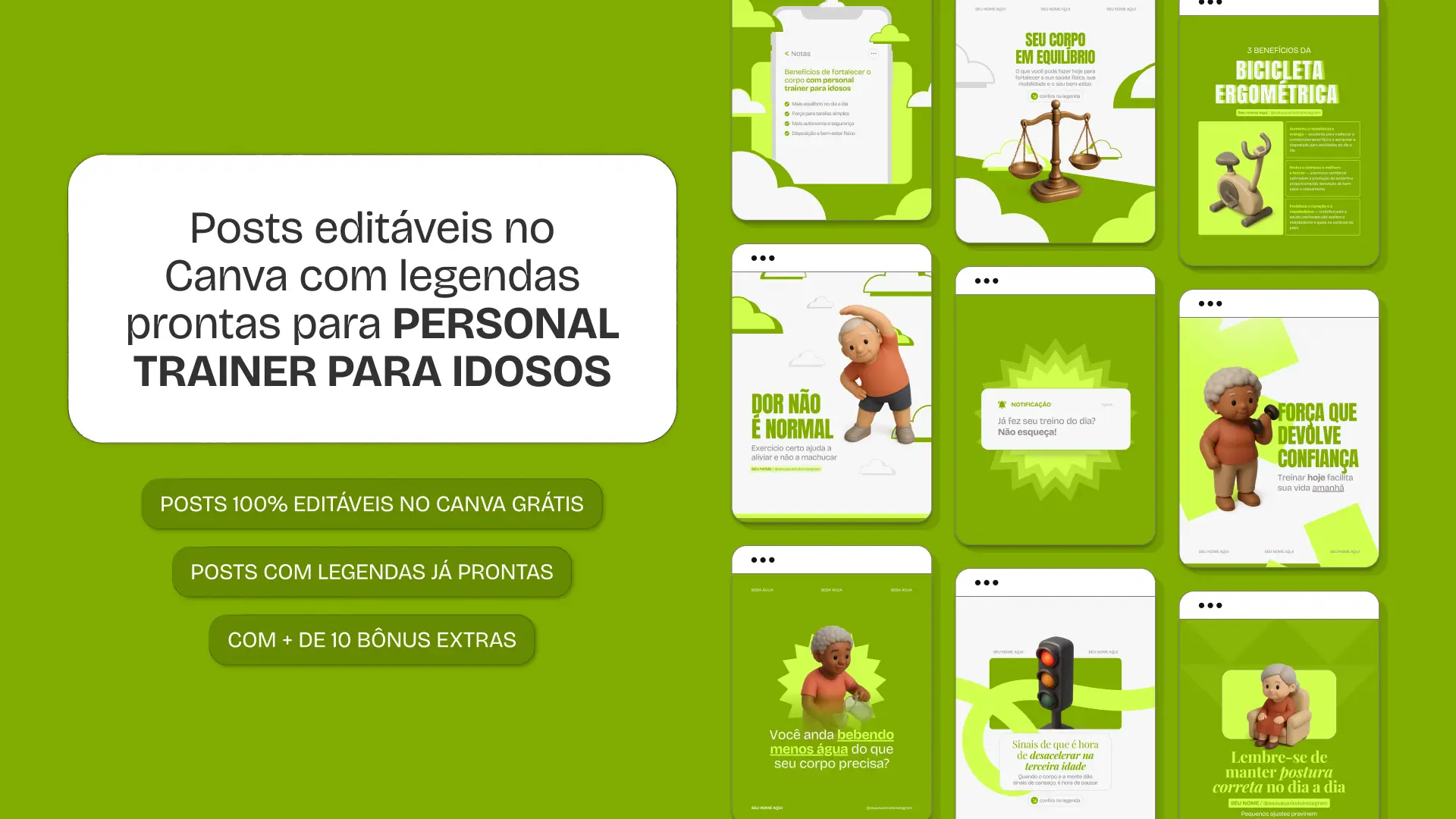 Pack de posts editáveis no Canva para personal trainers que trabalham com idosos, mostrando exercícios de equilíbrio, funcionalidade, alongamento, resistência, postura, prevenção de lesões e saúde integral.