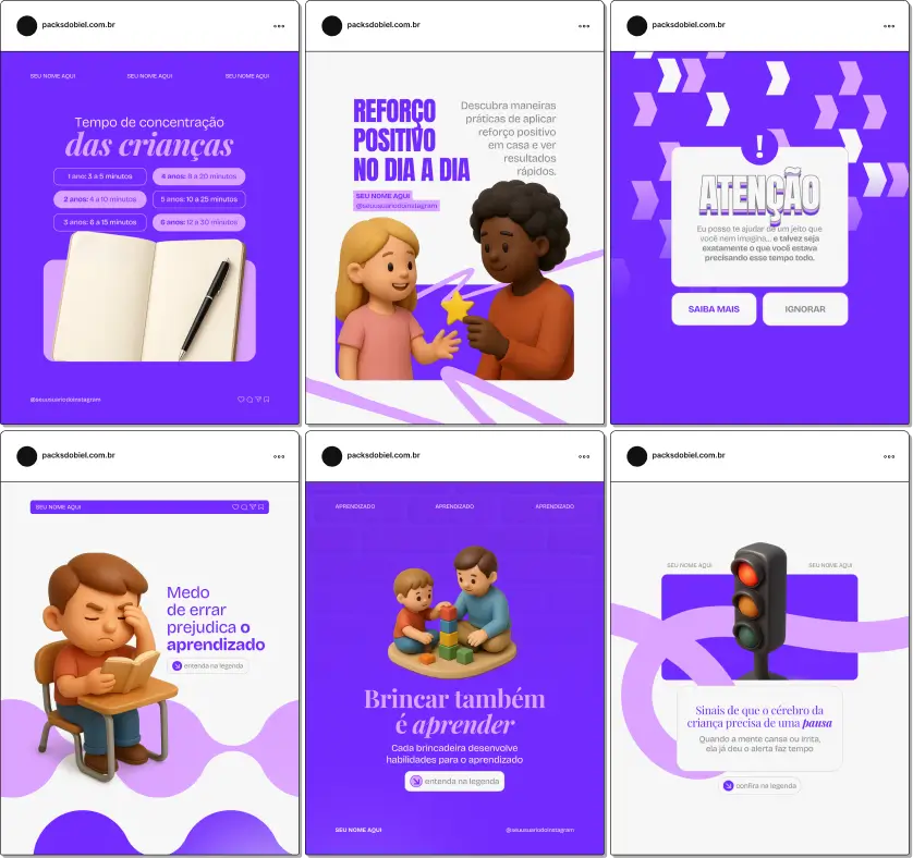 Pack de templates editáveis no Canva para pedagogos que querem orientar famílias e educadores sobre metodologias de ensino, desenvolvimento infantil e estratégias pedagógicas, com comunicação clara e visualmente organizada.