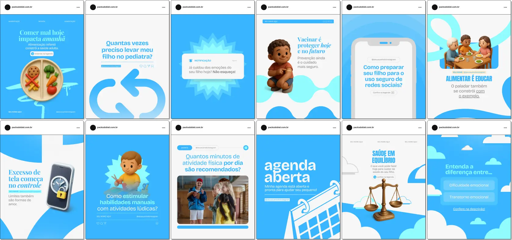 Pack de posts editáveis no Canva para pediatras que desejam orientar pais sobre doenças comuns da infância, febre, infecções, cuidados diários e sinais de alerta, reforçando autoridade no Instagram.