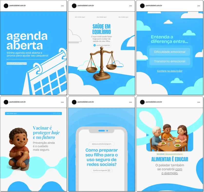 Pack de posts editáveis no Canva para pediatras, ideal para profissionais que produzem conteúdo sobre saúde infantil, acompanhamento do crescimento, desenvolvimento infantil e cuidados preventivos, com feed organizado e confiável.