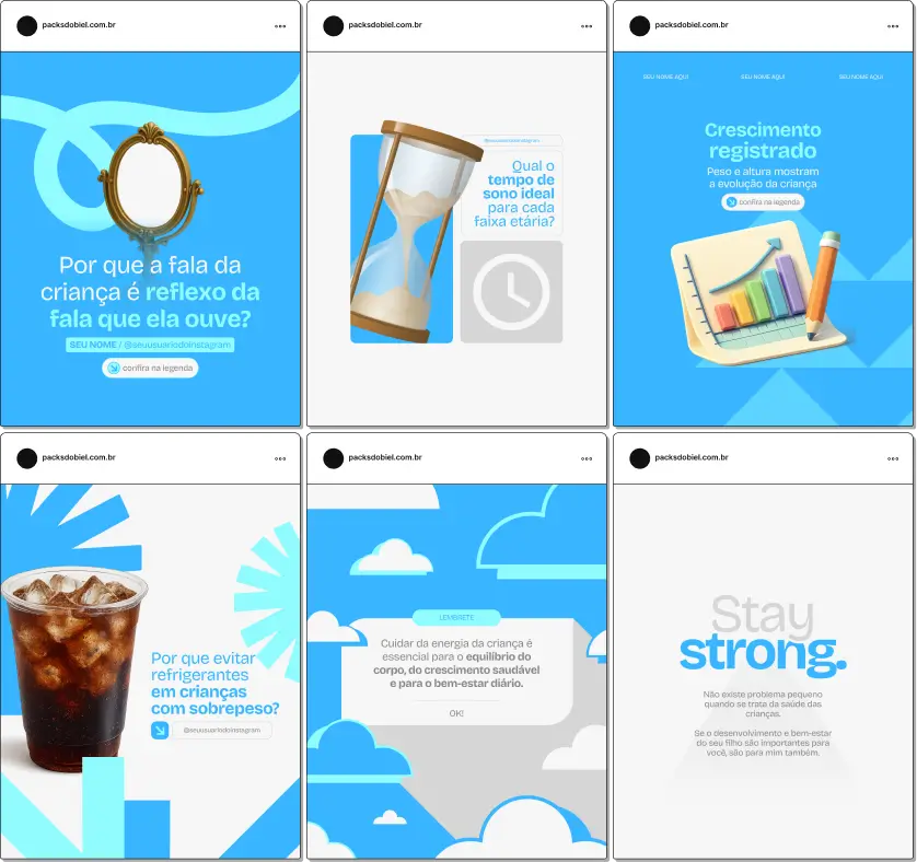 Pack de artes editáveis no Canva para pediatras e clínicas pediátricas, ideal para criar conteúdos sobre consultas preventivas, exames, rotina de cuidados e acompanhamento infantil, mantendo um feed coerente e profissional.