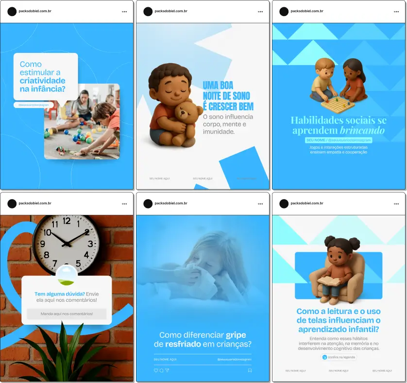 Pack de templates editáveis no Canva para profissionais de pediatria que abordam desenvolvimento motor, sono infantil, introdução alimentar e saúde emocional da criança, com identidade visual educativa e acolhedora.
