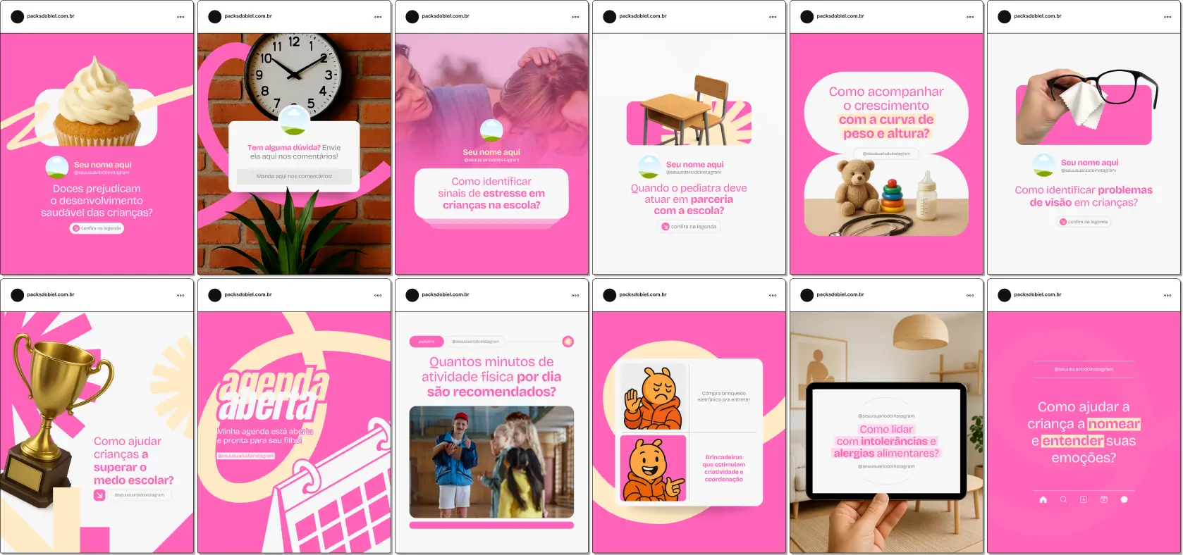 Pack de artes editáveis no Canva para profissionais de pediatria que produzem conteúdo sobre desenvolvimento infantil, rotina do bebê, alimentação, sono e saúde emocional das crianças.