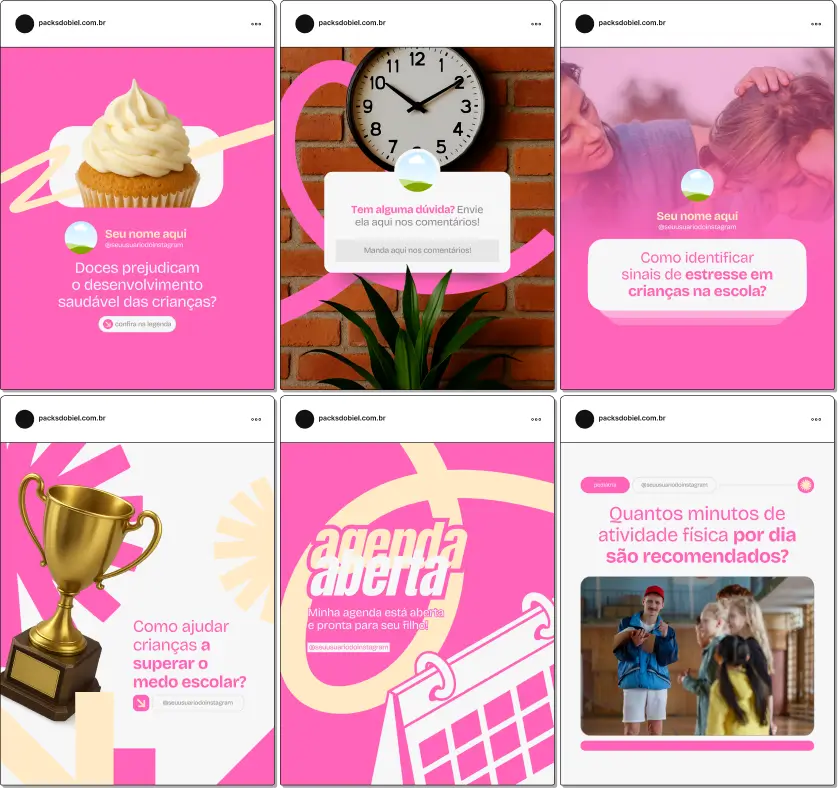 Pack de templates editáveis no Canva para pediatras que querem explicar marcos do desenvolvimento, prevenção de infecções, exames de rotina e orientação aos pais, com comunicação clara e visualmente organizada.