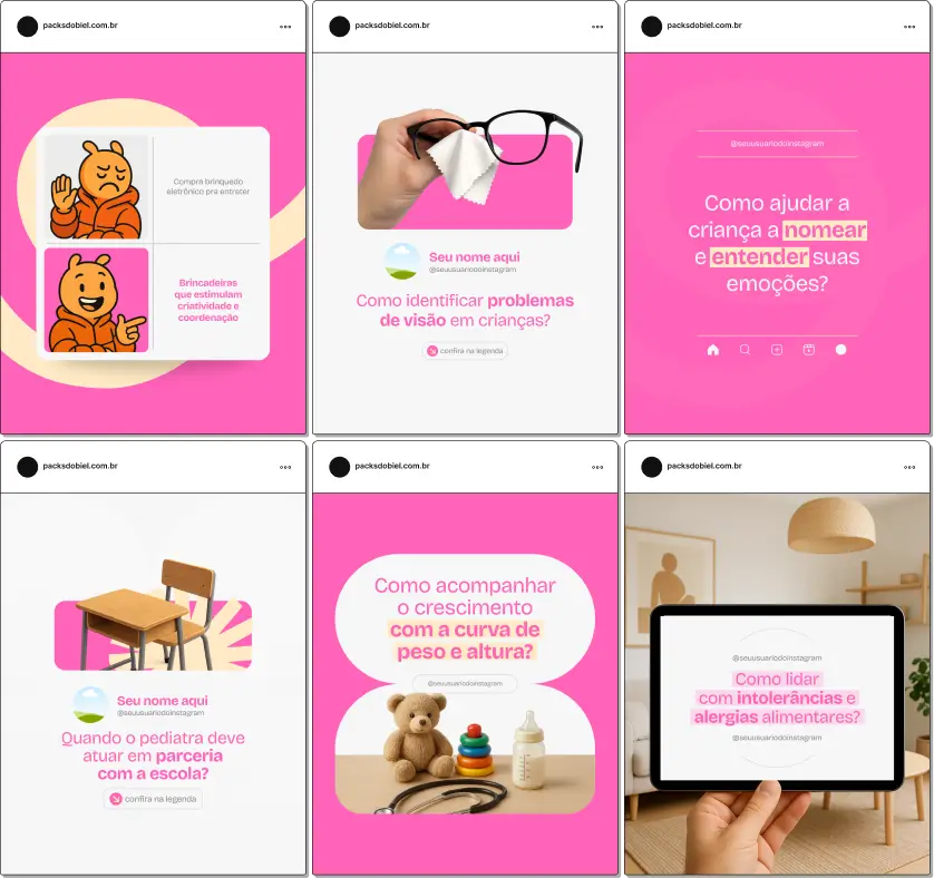 Pack de posts editáveis no Canva para pediatras que desejam orientar sobre saúde infantil, acompanhamento do crescimento, vacinação, prevenção de doenças e cuidados diários.