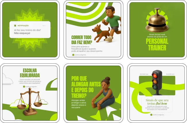 Pack de templates editáveis no Canva para personal trainers que querem educar alunos sobre exercícios, planejamento de treinos, evolução corporal e qualidade de vida, com comunicação clara e identidade visual coerente.