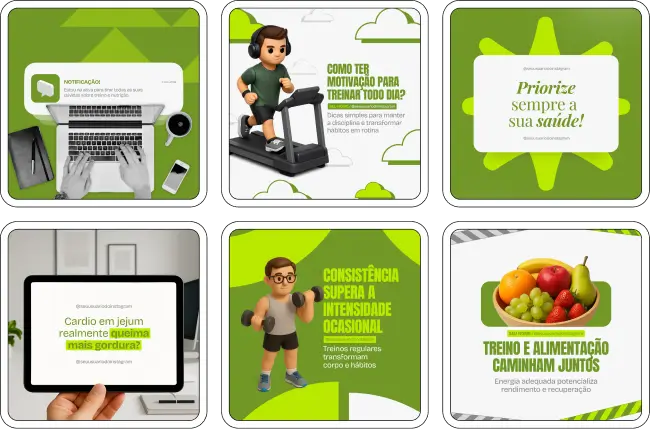 Pack de artes editáveis no Canva para profissionais de educação física que produzem conteúdo sobre treino funcional, hipertrofia, força, resistência e desempenho físico, reforçando autoridade no Instagram.