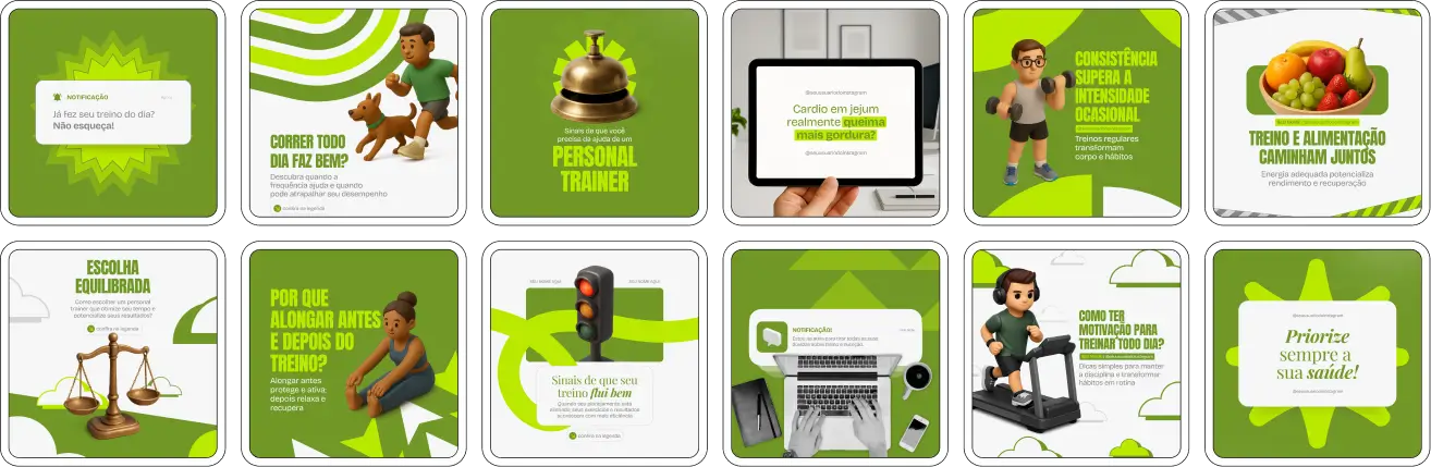 Pack de posts editáveis no Canva para personal trainers que desejam divulgar treinos personalizados, musculação, emagrecimento, condicionamento físico e hábitos saudáveis, mantendo um feed organizado e profissional.