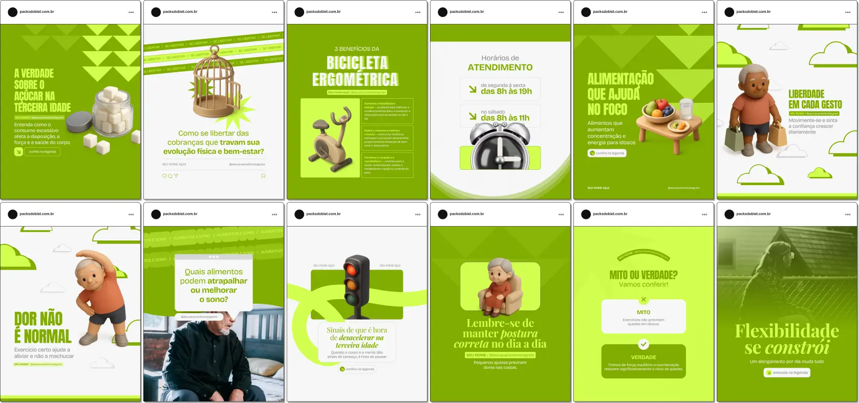 Pack de artes editáveis no Canva para profissionais de treinamento de idosos que produzem conteúdo sobre prevenção de quedas, fortalecimento muscular, flexibilidade, autonomia e envelhecimento ativo.