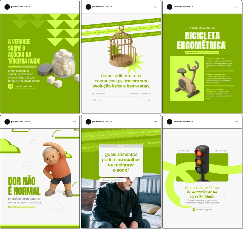 Pack de templates editáveis no Canva para personal trainers que querem educar sobre treinos adaptados, exercícios seguros, bem-estar, força, resistência, mobilidade e independência na terceira idade.