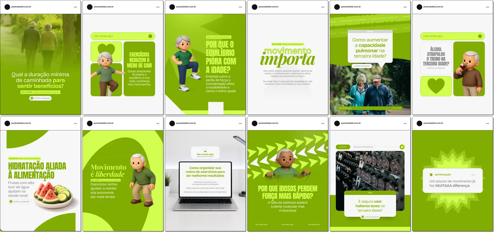 Pack de artes editáveis no Canva para personal trainer e profissional de educação física que produz conteúdo sobre exercícios físicos, rotina de treinos, desempenho, constância, resultados e qualidade de vida, com visual profissional e educativo.