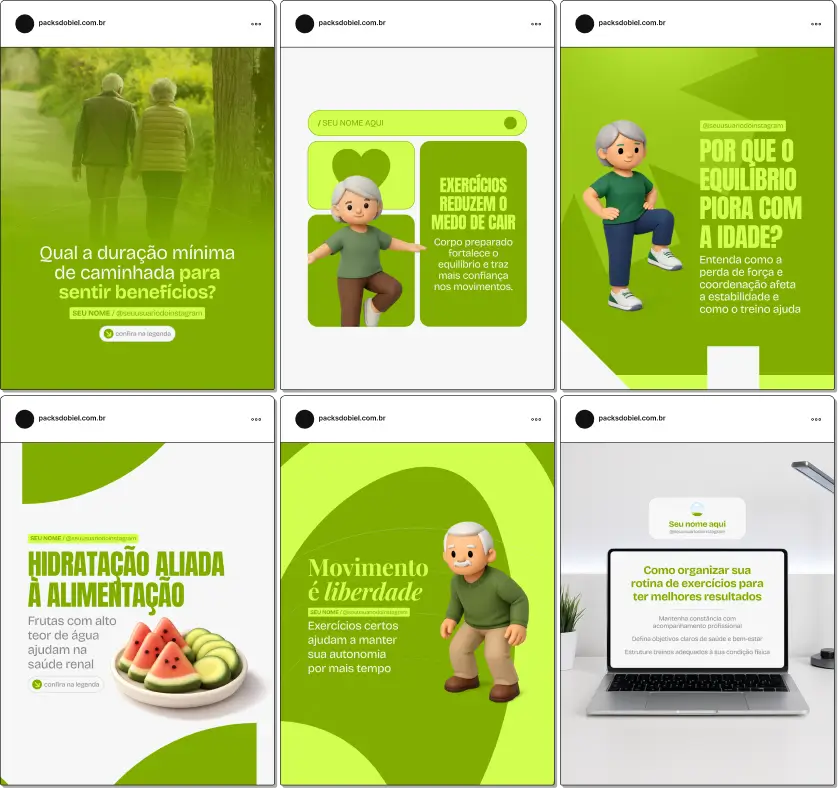 Pack de posts editáveis no Canva para personal trainer para idosos, focado em treino para terceira idade, fortalecimento muscular, mobilidade, equilíbrio, prevenção de quedas e envelhecimento ativo, com comunicação clara e segura.