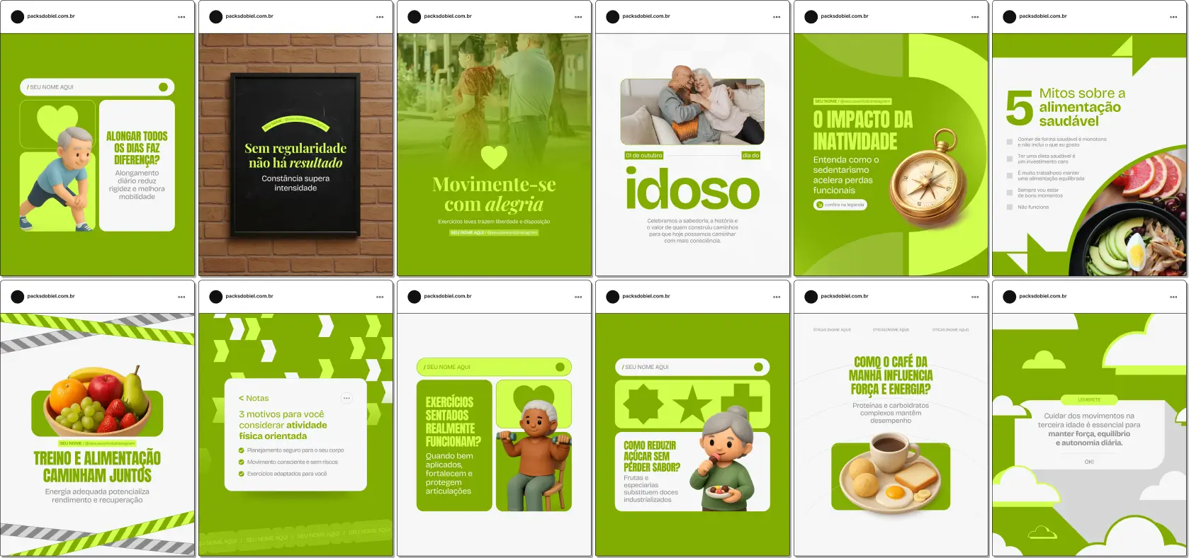 Pack de posts editáveis no Canva para personal trainer que atende adultos e idosos, desenvolvido para criar conteúdos sobre atividade física orientada, saúde cardiovascular, fortalecimento muscular, flexibilidade e qualidade de vida, mantendo um feed organizado e profissional.
