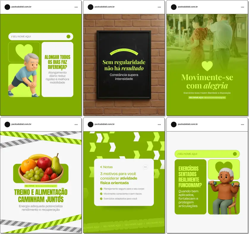 Pack de artes editáveis no Canva para personal trainer especializado em saúde do idoso, indicado para quem trabalha com reabilitação física, alongamento, treino de força leve, coordenação motora e melhora da capacidade funcional.