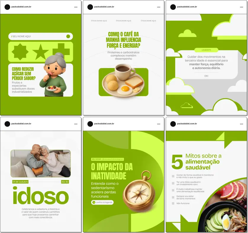 Pack de templates editáveis no Canva para profissionais de educação física que atendem idosos, ideal para explicar exercícios adaptados, limitações físicas, saúde articular, autonomia funcional e bem-estar na terceira idade.