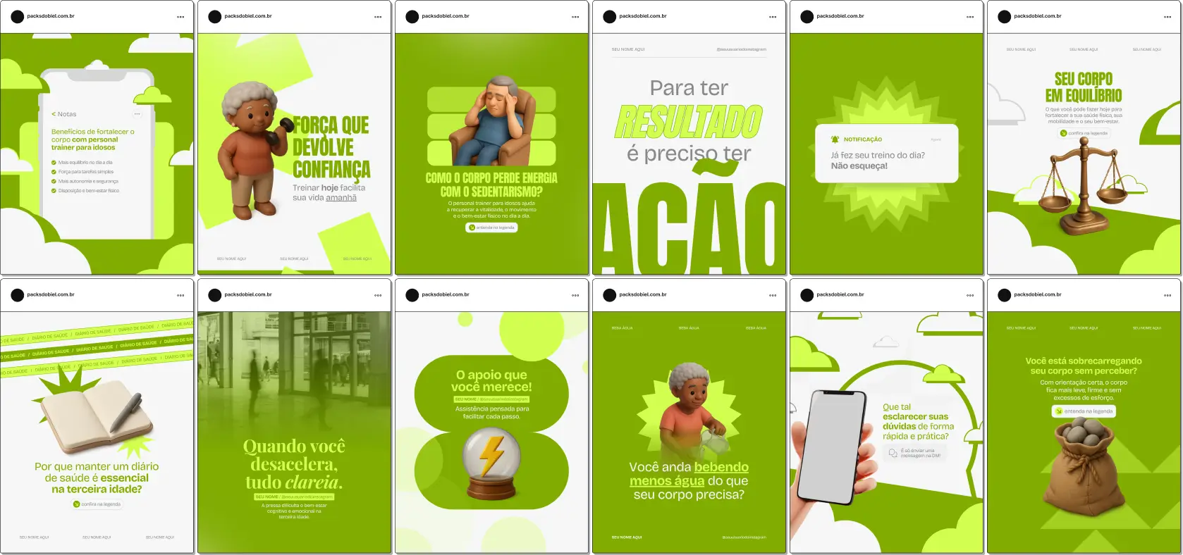Pack de artes editáveis no Canva para profissionais de atividade física para terceira idade, ideal para compartilhar exercícios adaptados, saúde cardiovascular, resistência, postura e bem-estar.