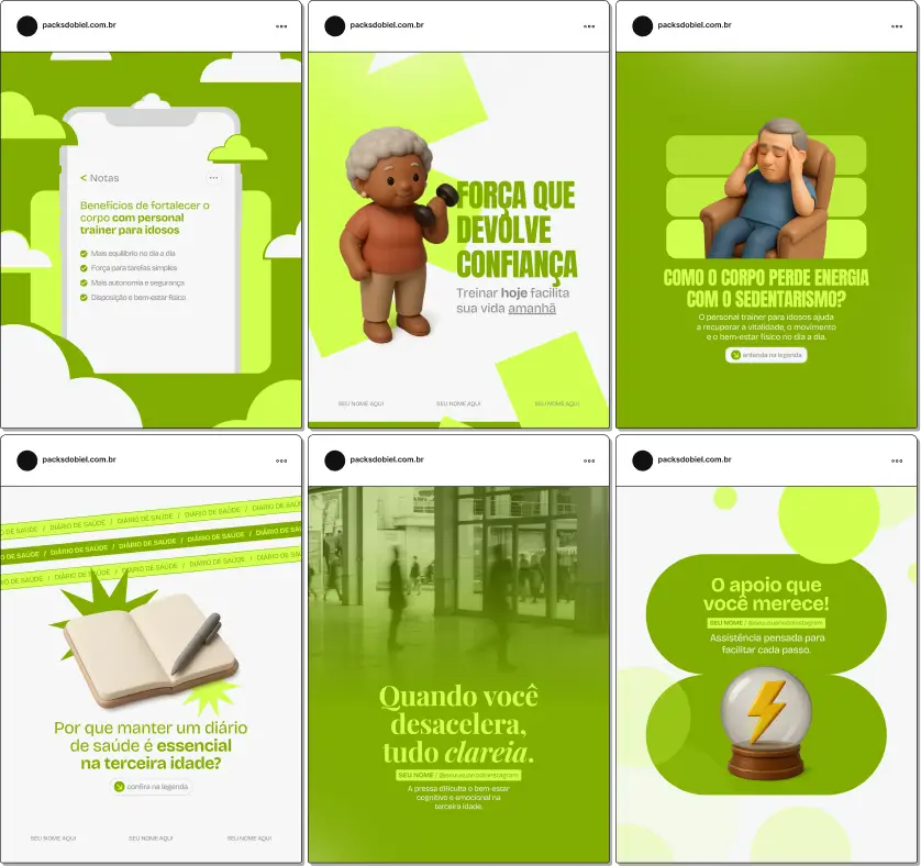 Pack de templates editáveis no Canva para personal trainers que treinam idosos e querem mostrar treinos de força, alongamento, equilíbrio, mobilidade, prevenção de lesões e independência funcional.