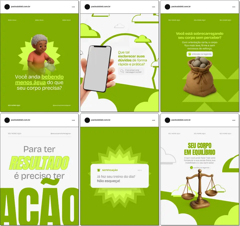 Pack de posts editáveis no Canva para personal trainers que atuam com idosos, focado em treino funcional, força, equilíbrio, mobilidade, alongamento e prevenção de quedas, mantendo um feed educativo e profissional.