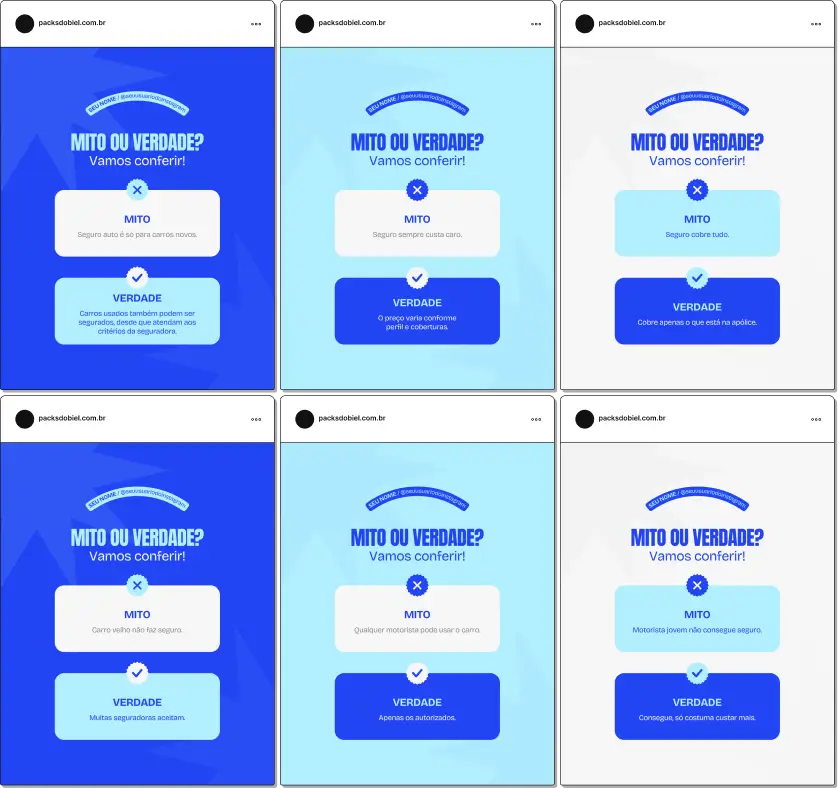 Pack de posts editáveis no Canva para profissionais de seguro auto que querem orientar clientes sobre cobertura, prevenção de acidentes, assistência 24h e vantagens de contratar, mantendo um feed confiável e organizado.