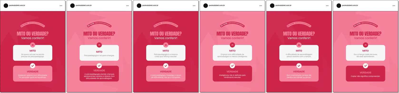 Pack de artes editáveis no Canva para profissionais de psicopedagogia que produzem conteúdo sobre desenvolvimento cognitivo, leitura, escrita, matemática e apoio ao processo de aprendizagem.