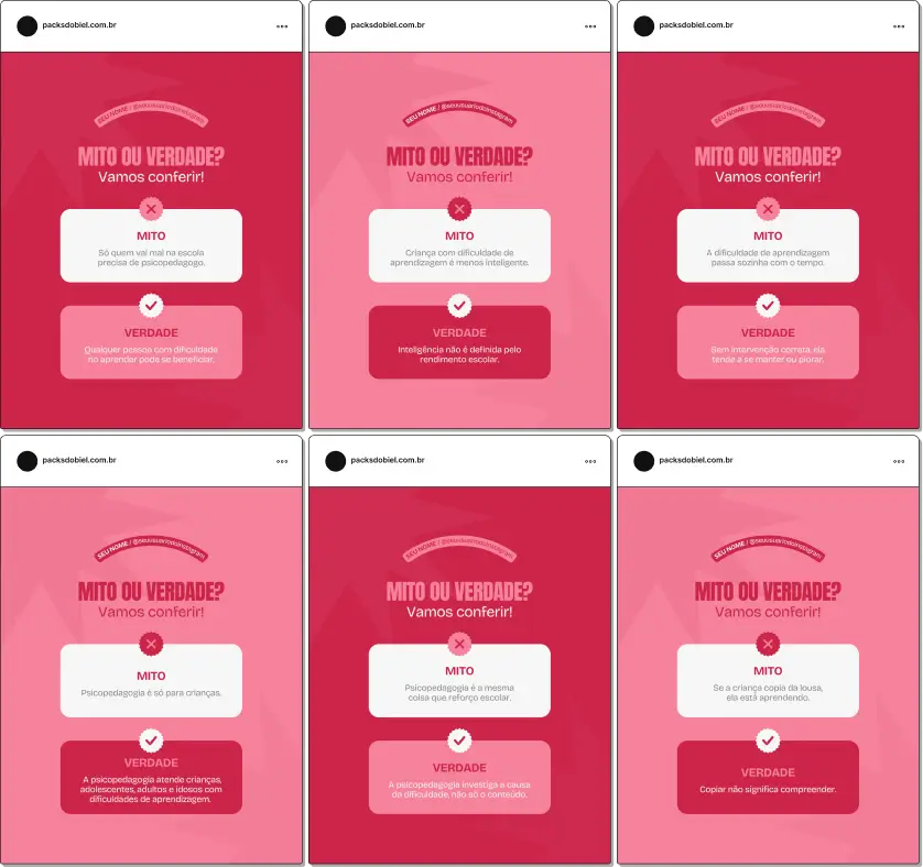Pack de posts editáveis no Canva para psicopedagogos que desejam orientar sobre dificuldades de aprendizagem, desempenho escolar, atenção e estratégias de estudo.
