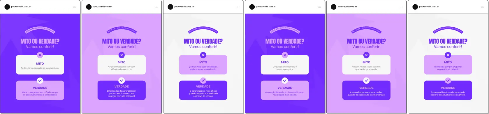 Pack de posts editáveis no Canva com mitos e verdades sobre pedagogia, criado para pedagogos que desejam esclarecer dúvidas sobre aprendizagem, desenvolvimento infantil e práticas educacionais, mantendo um feed informativo e profissional.