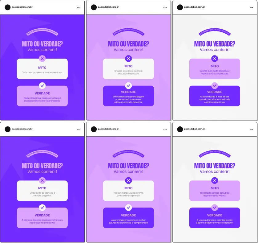 Pack de artes editáveis no Canva com conteúdos de mitos e verdades voltados para pedagogia, ideal para profissionais que querem educar famílias e educadores, desmistificar conceitos comuns e reforçar credibilidade no Instagram.