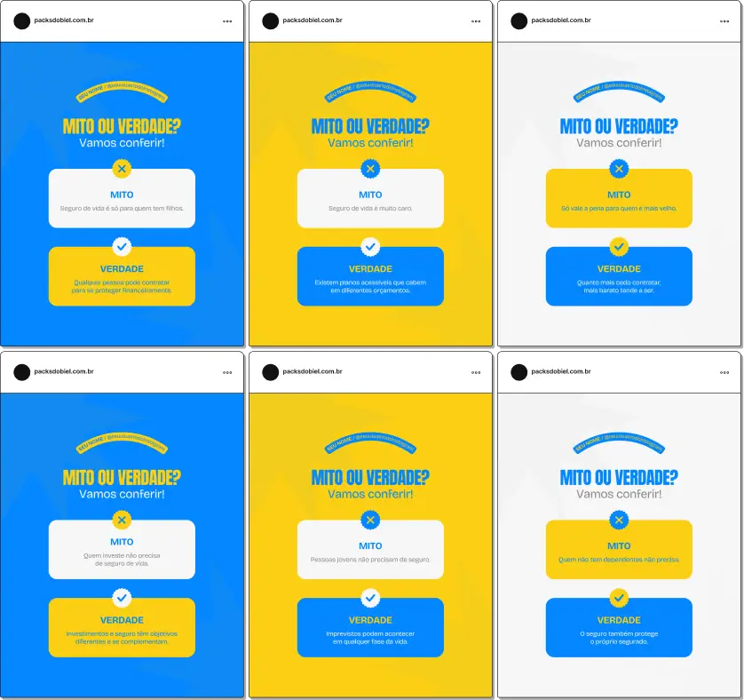 Pack de artes editáveis no Canva com conteúdos de mitos e verdades sobre seguro de vida, ideal para profissionais que querem educar clientes sobre planejamento financeiro, segurança familiar e benefícios do seguro, reforçando credibilidade no Instagram.