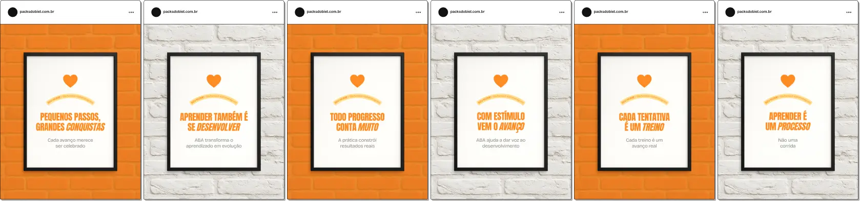 Pack de frases editáveis no Canva para terapeutas ABA que desejam compartilhar mensagens sobre progresso, constância, reforço positivo e evolução no desenvolvimento de crianças, com visual organizado e profissional.
