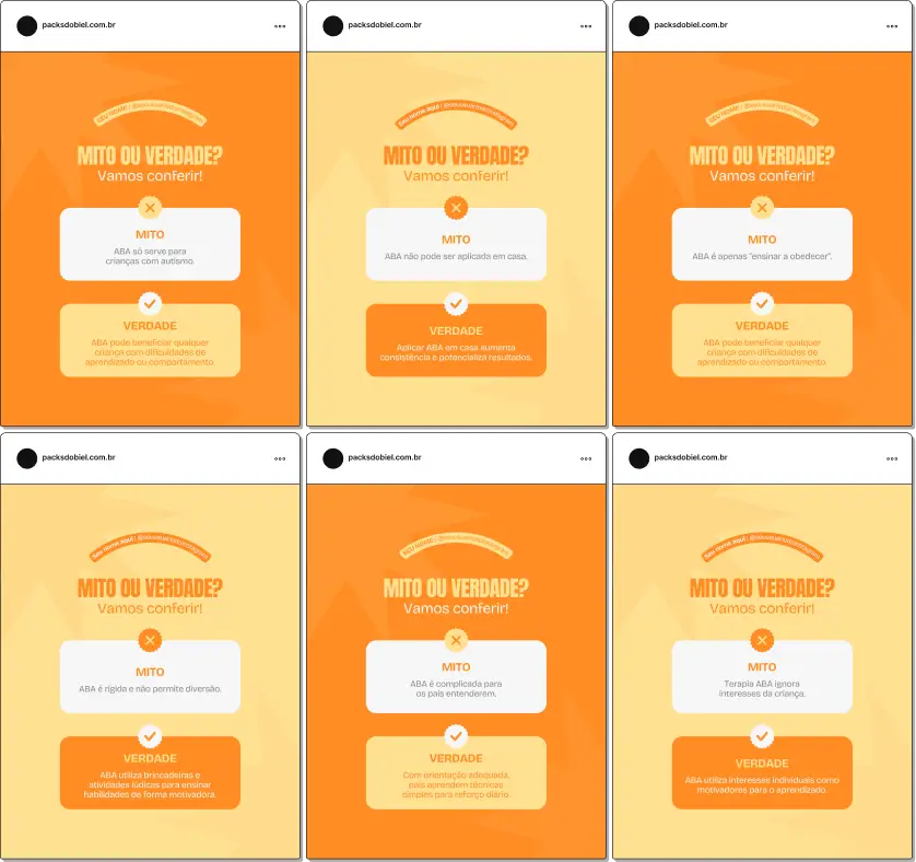 Pack de posts editáveis no Canva para terapeutas ABA que desejam compartilhar conteúdos sobre desenvolvimento de habilidades, reforço positivo, rotina de ensino e estratégias comportamentais, mantendo o feed organizado e educativo.